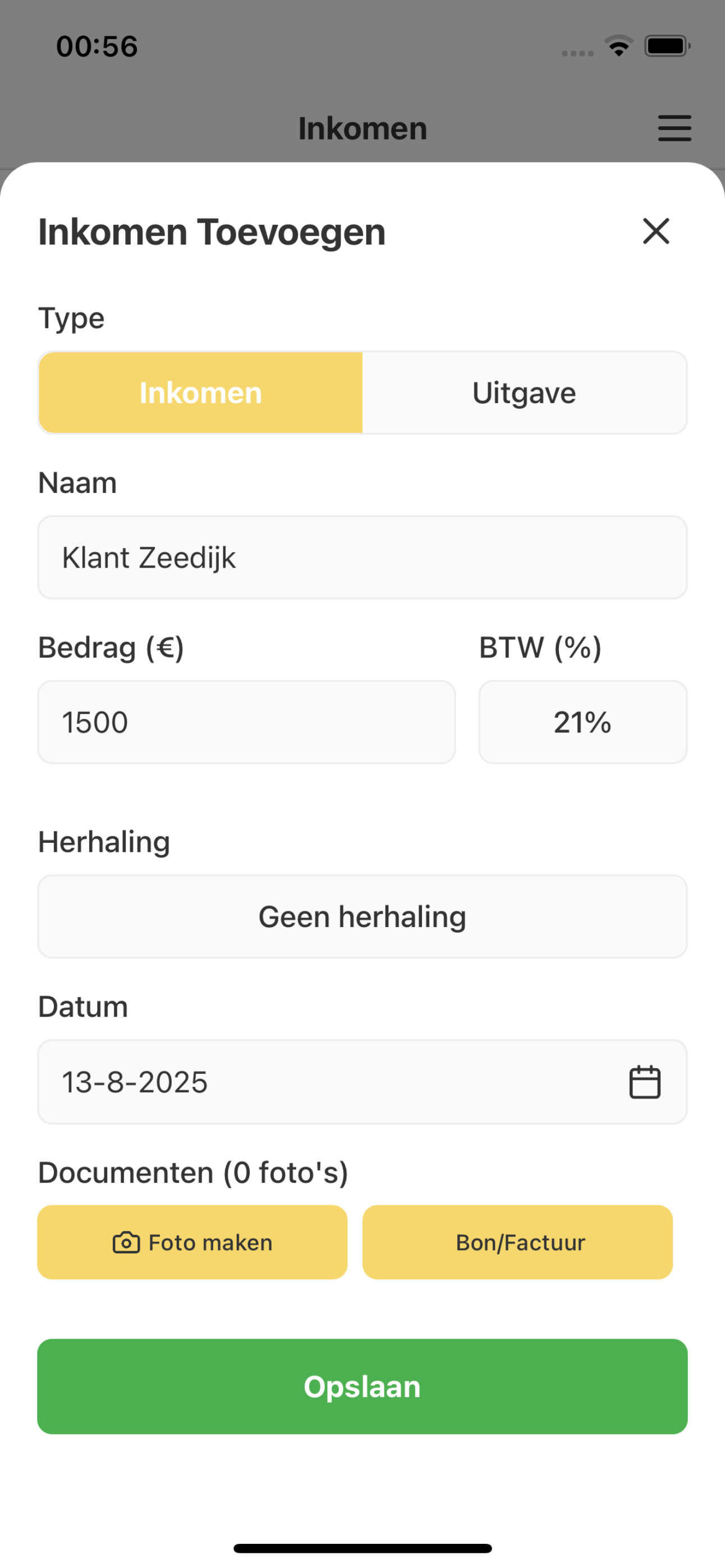 Adminu inkomen toevoegen formulier met klant details, bedrag en BTW berekening