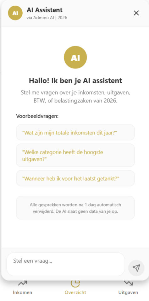 Adminu AI assistent die financiële vragen beantwoordt over uitgaven, tanken en belastingaangifte